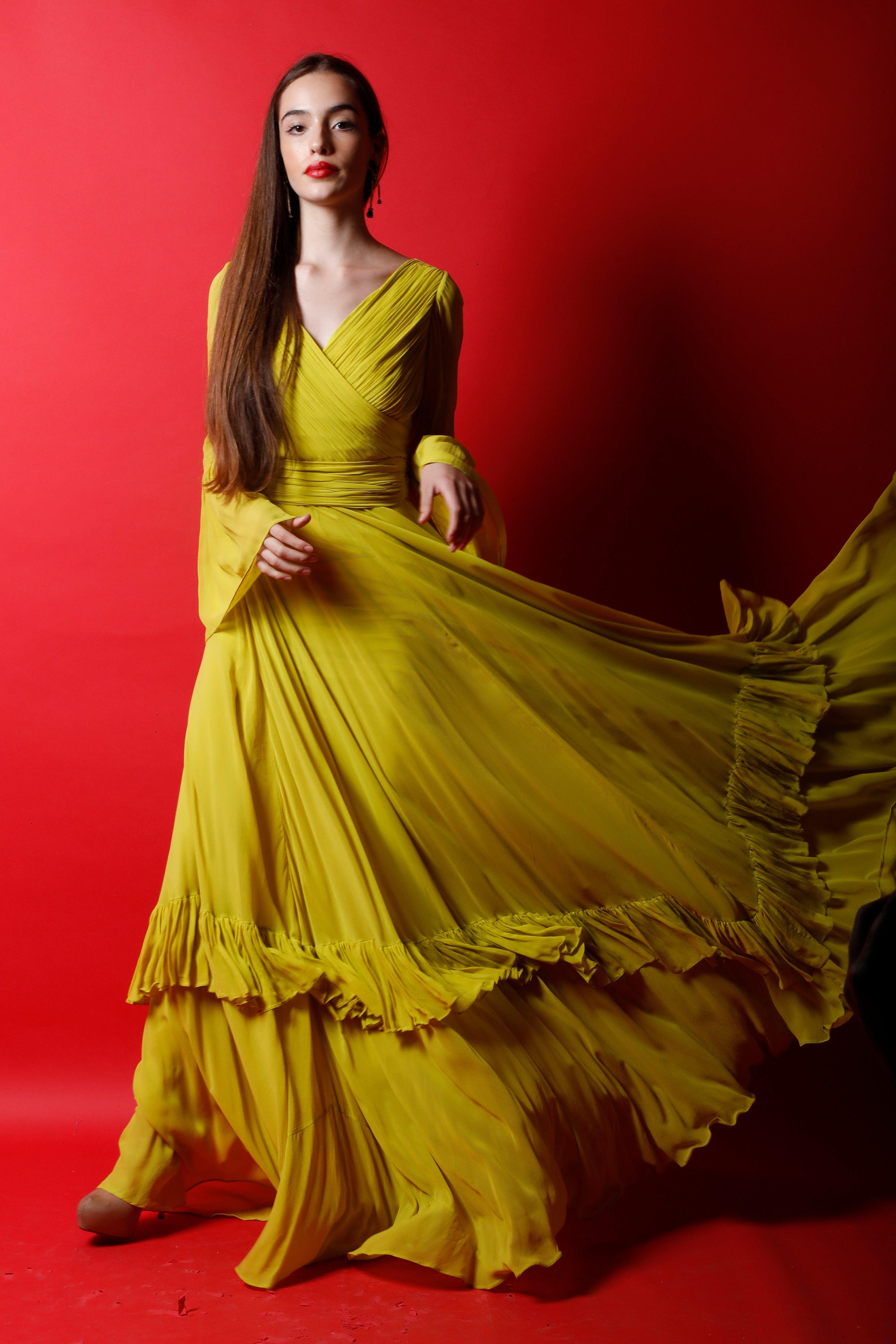 Ruched Overlapping Gown with Ruffle Details