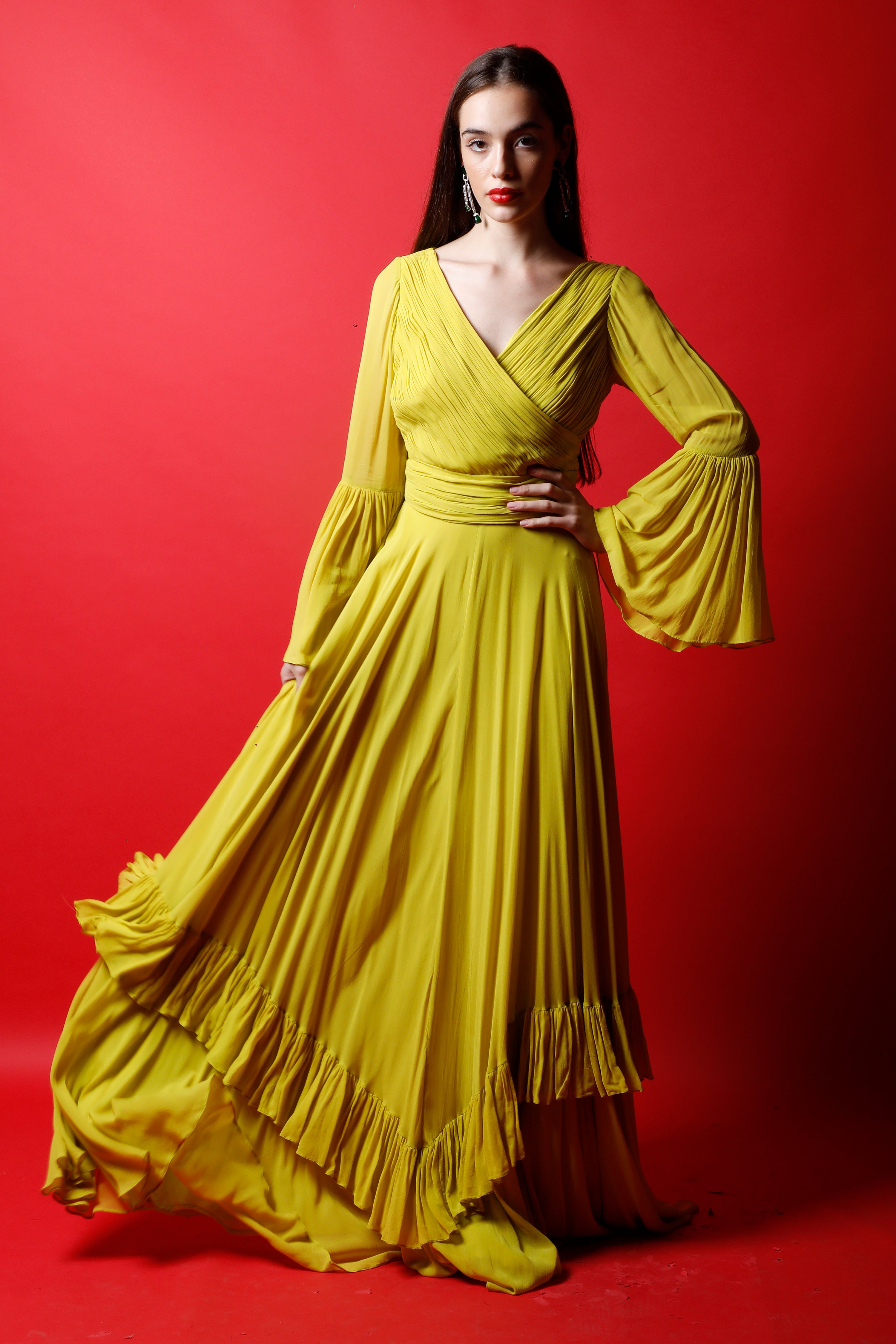 Ruched Overlapping Gown with Ruffle Details