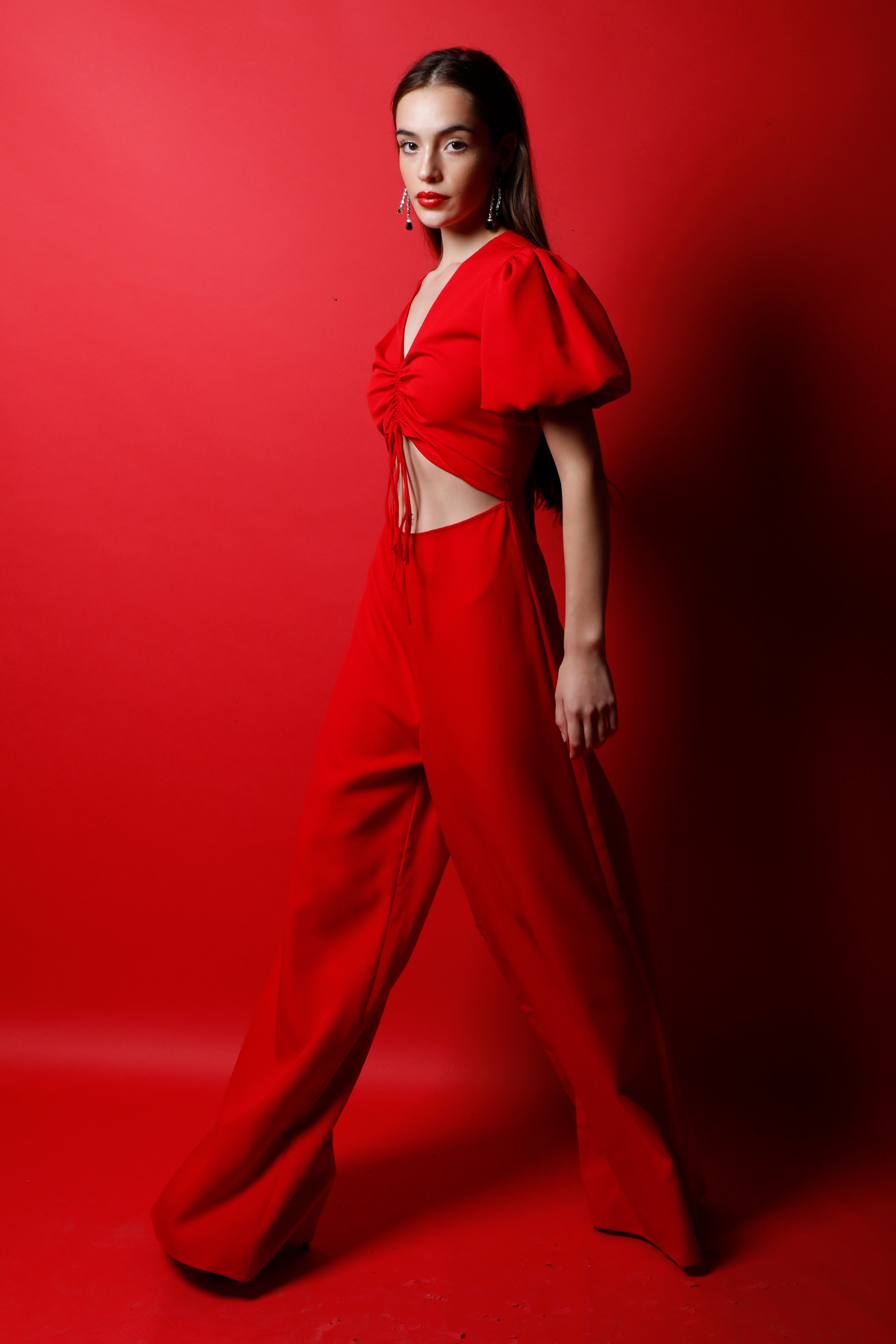 V Gathered Neck Cut Out Jumpsuit