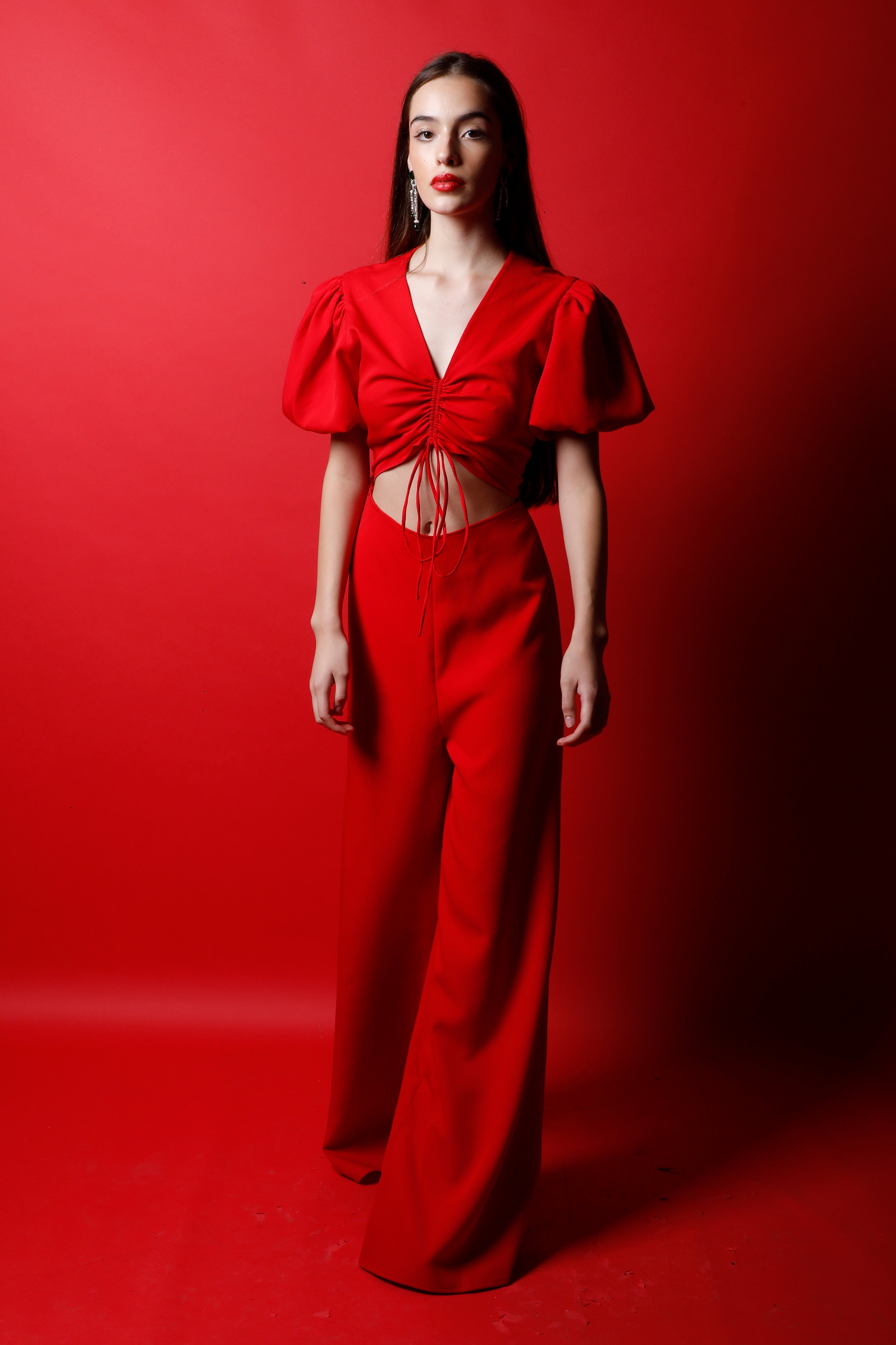 V Gathered Neck Cut Out Jumpsuit