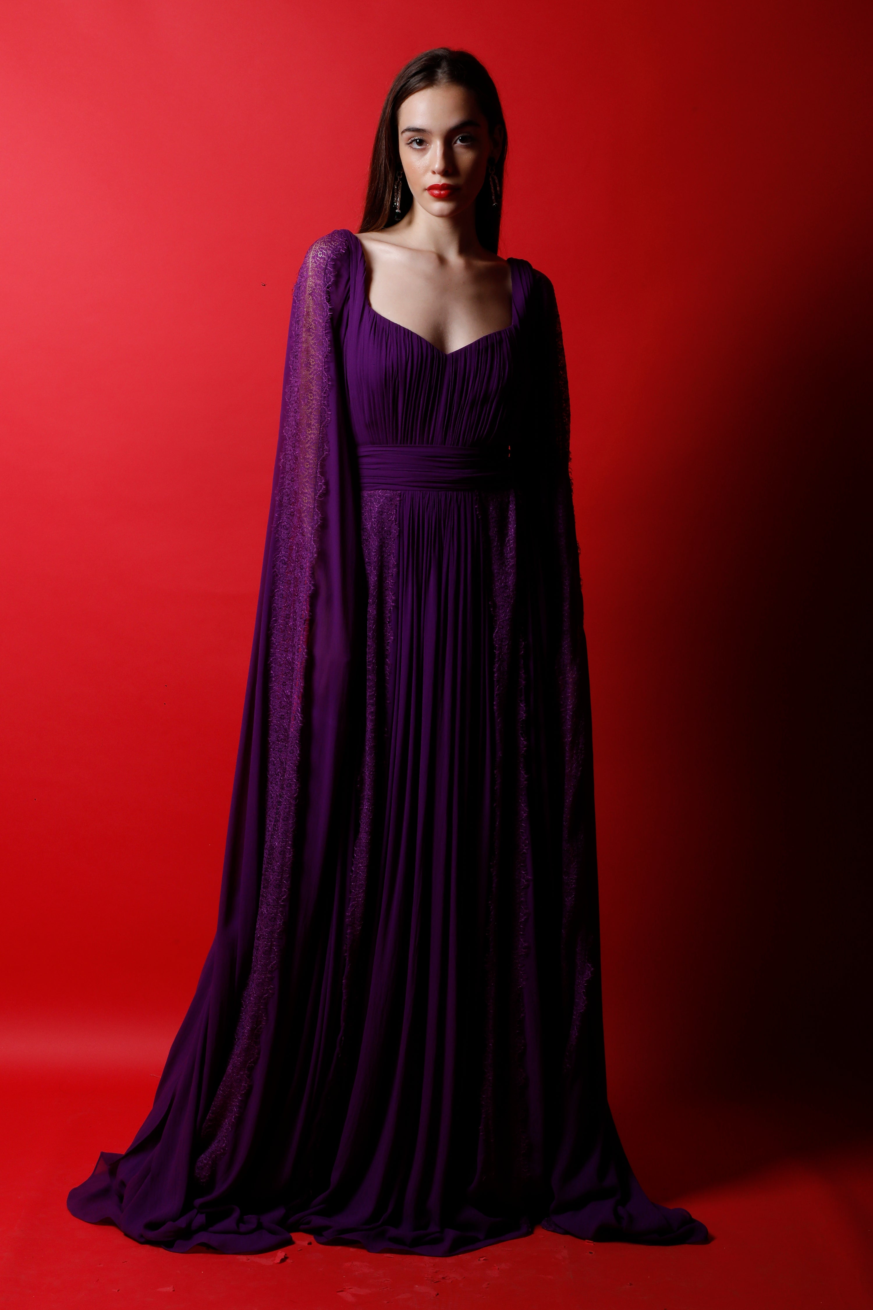 Wine Purple Gown with Draped Sleeves & Lace Applique