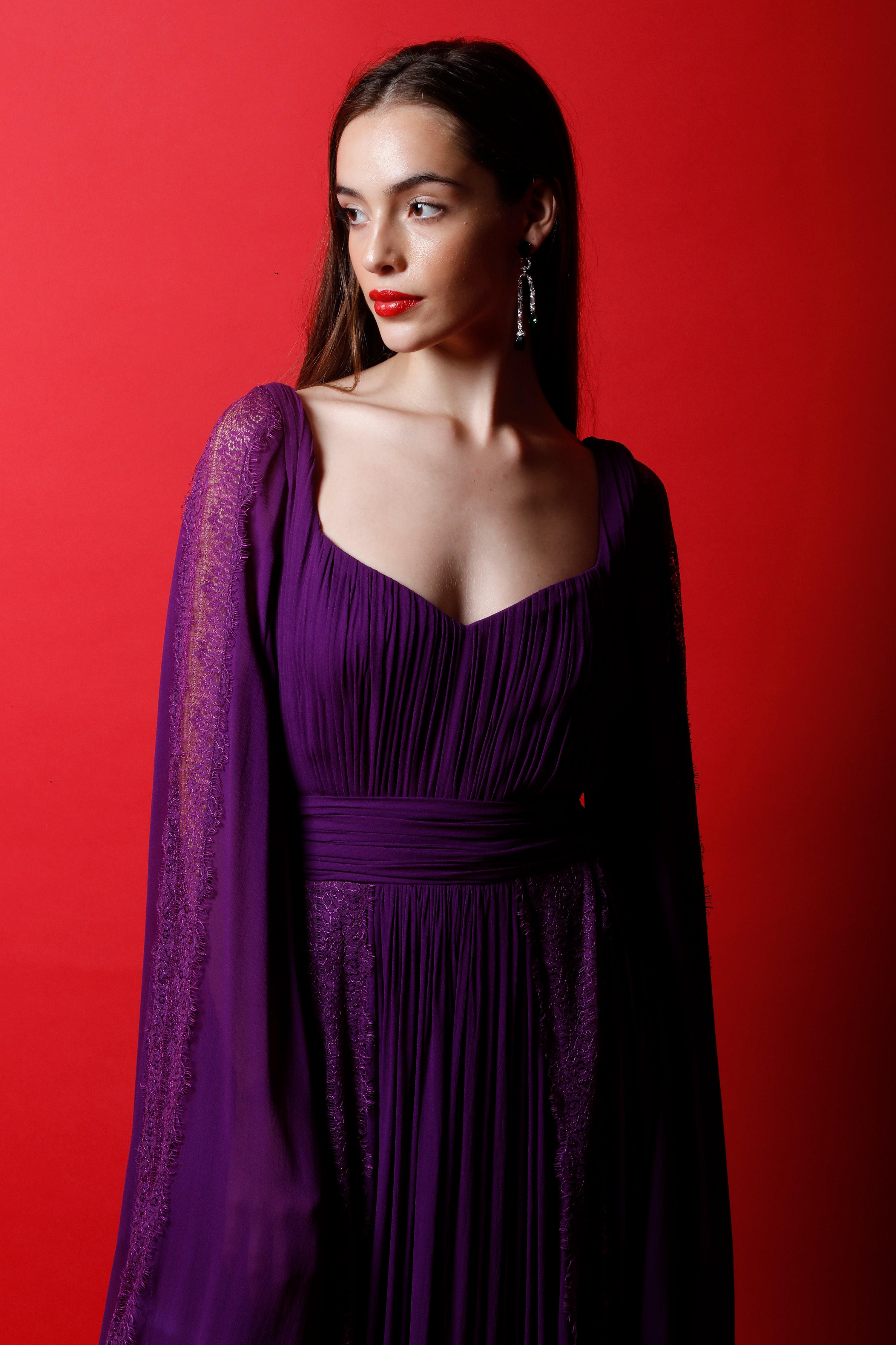 Wine Purple Gown with Draped Sleeves & Lace Applique
