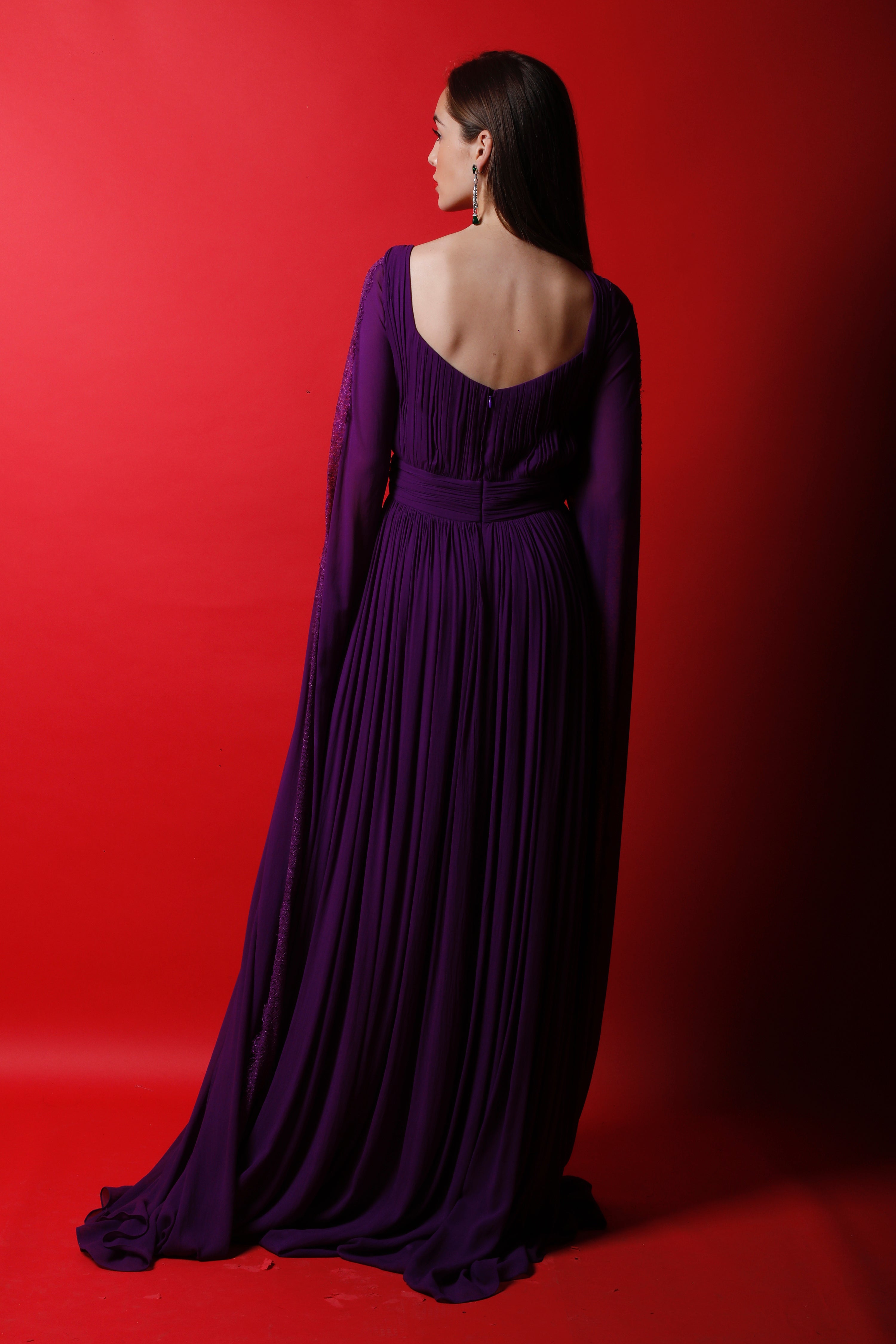 Wine Purple Gown with Draped Sleeves & Lace Applique