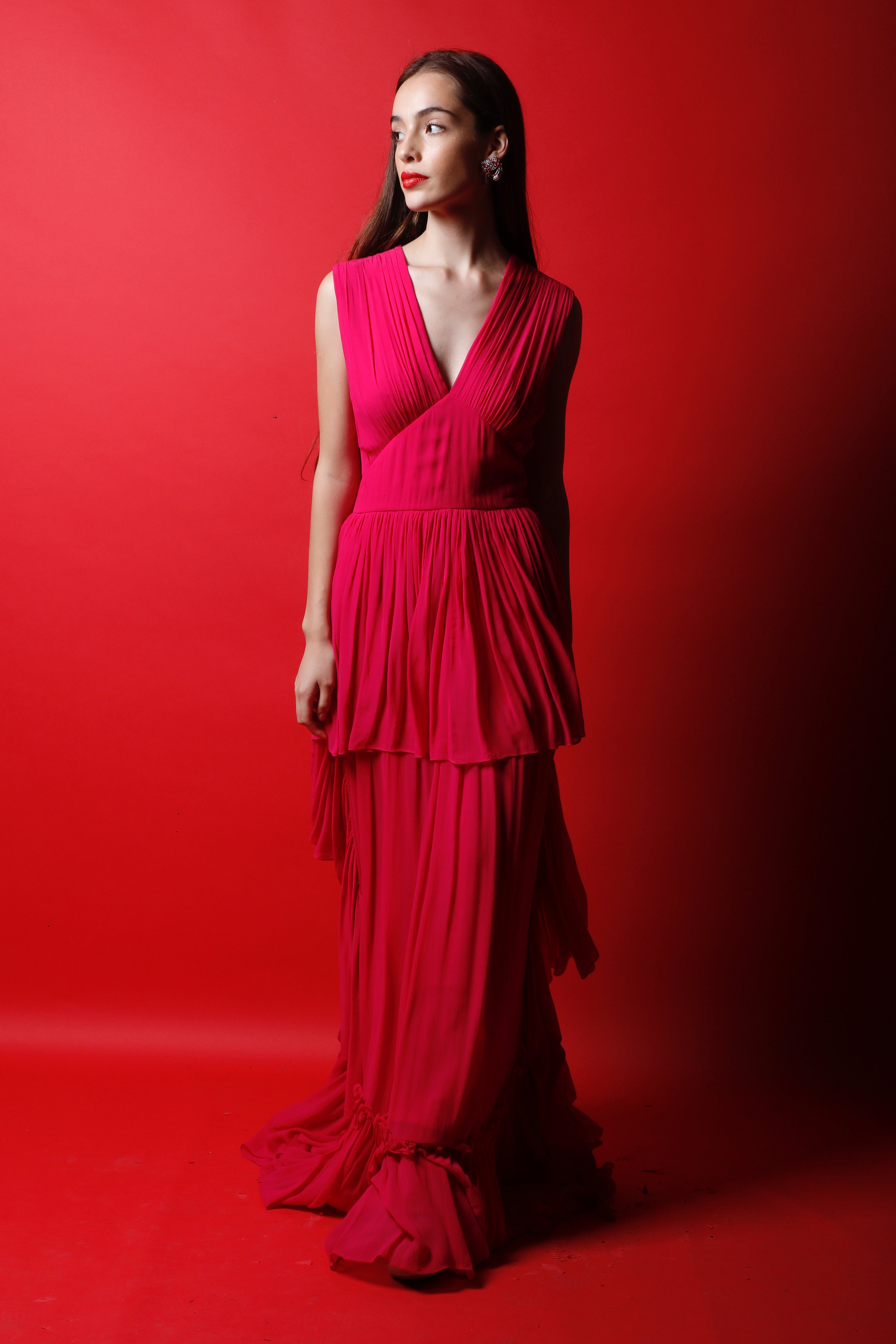 V Neck Tiered Maxi Gown