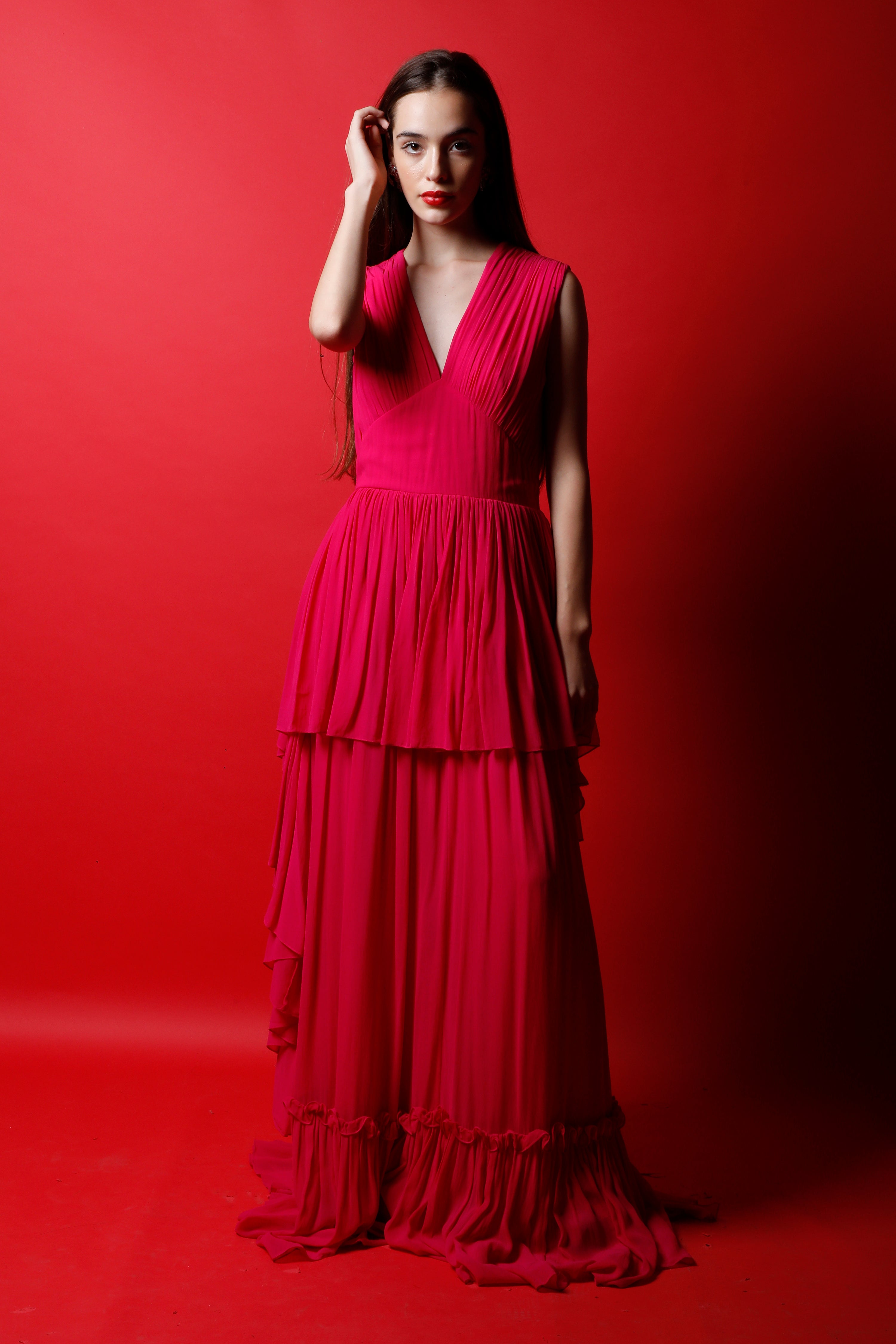 V Neck Tiered Maxi Gown