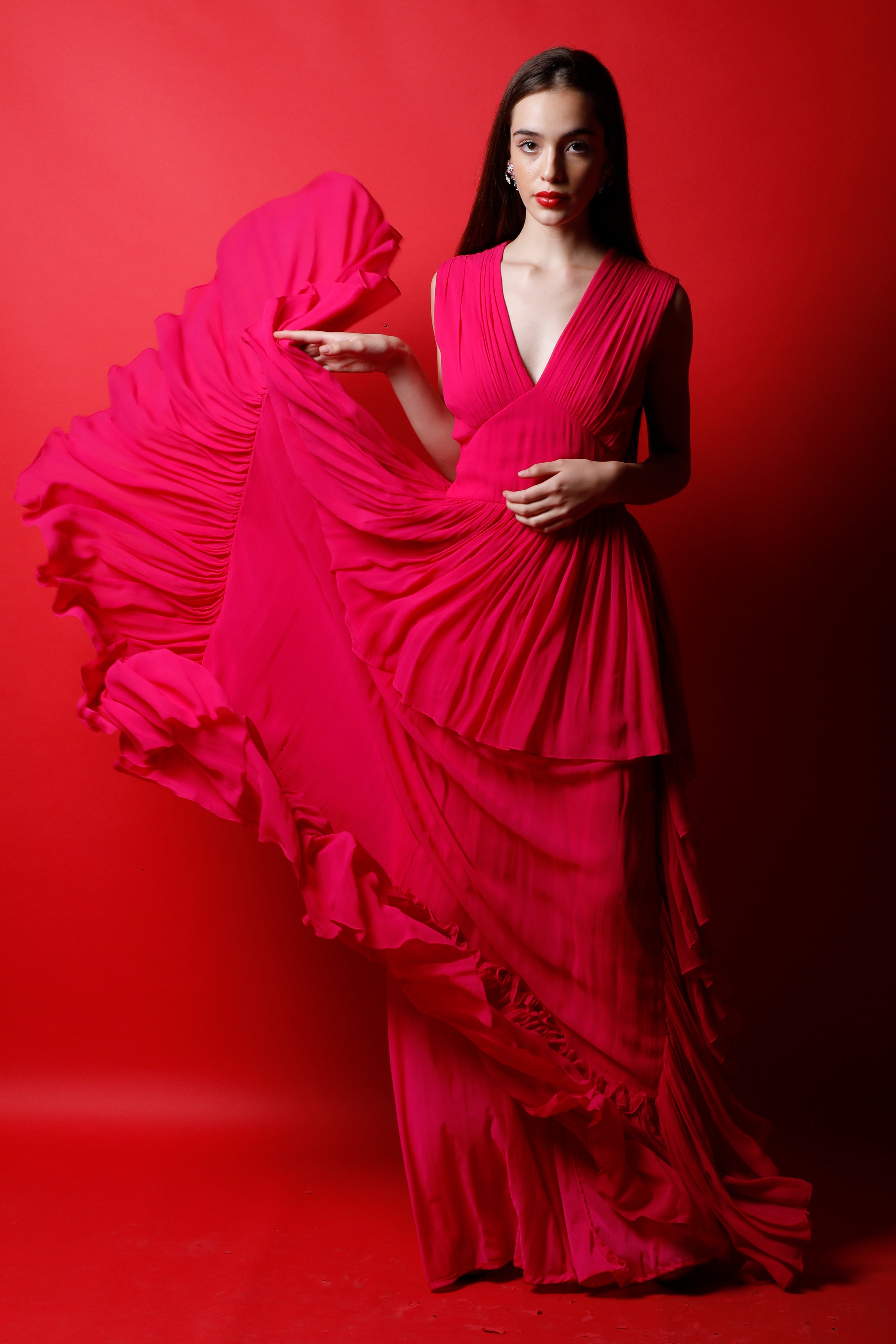 V Neck Tiered Maxi Gown