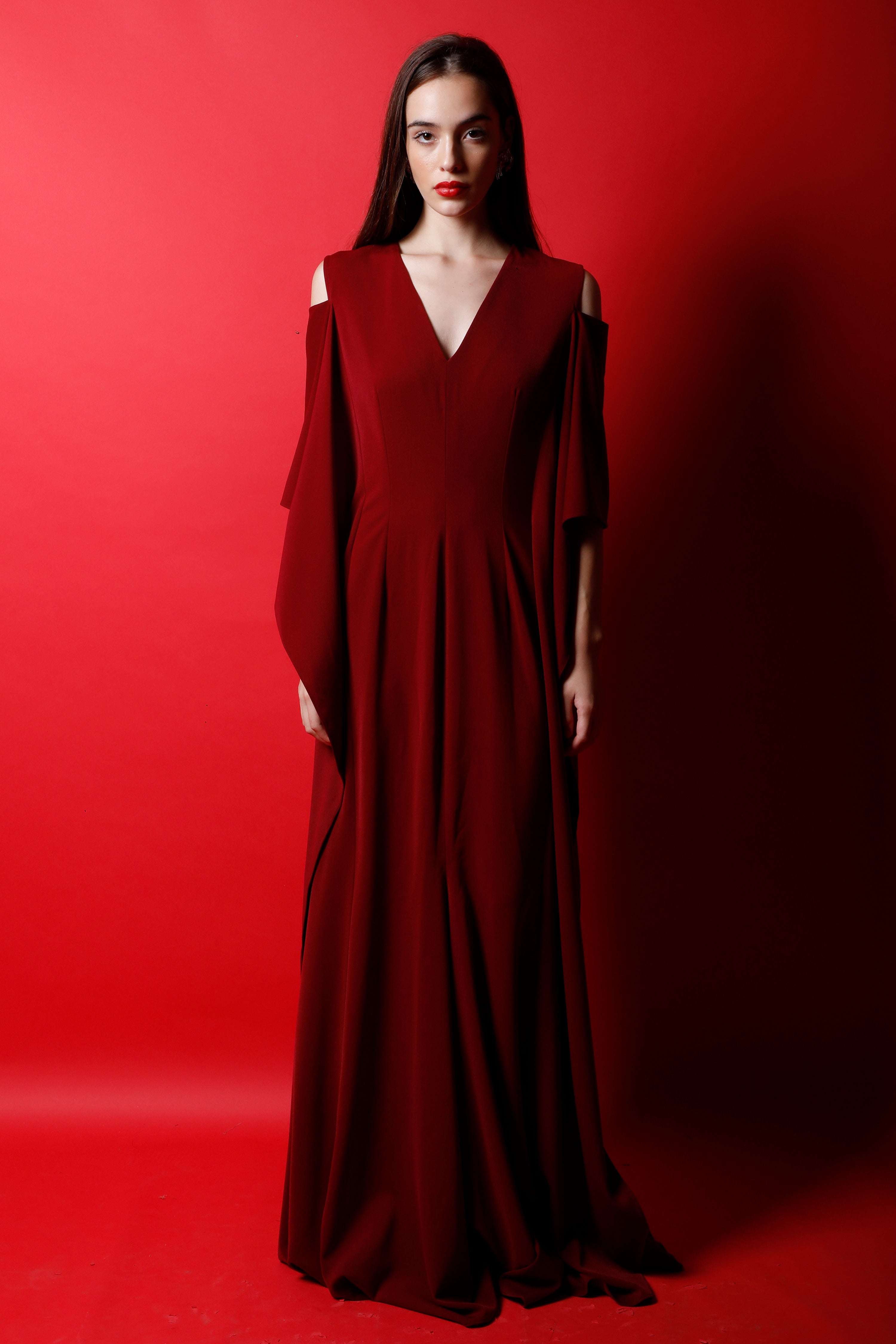 V Neck Straight Gown with Kaftan Sleeves