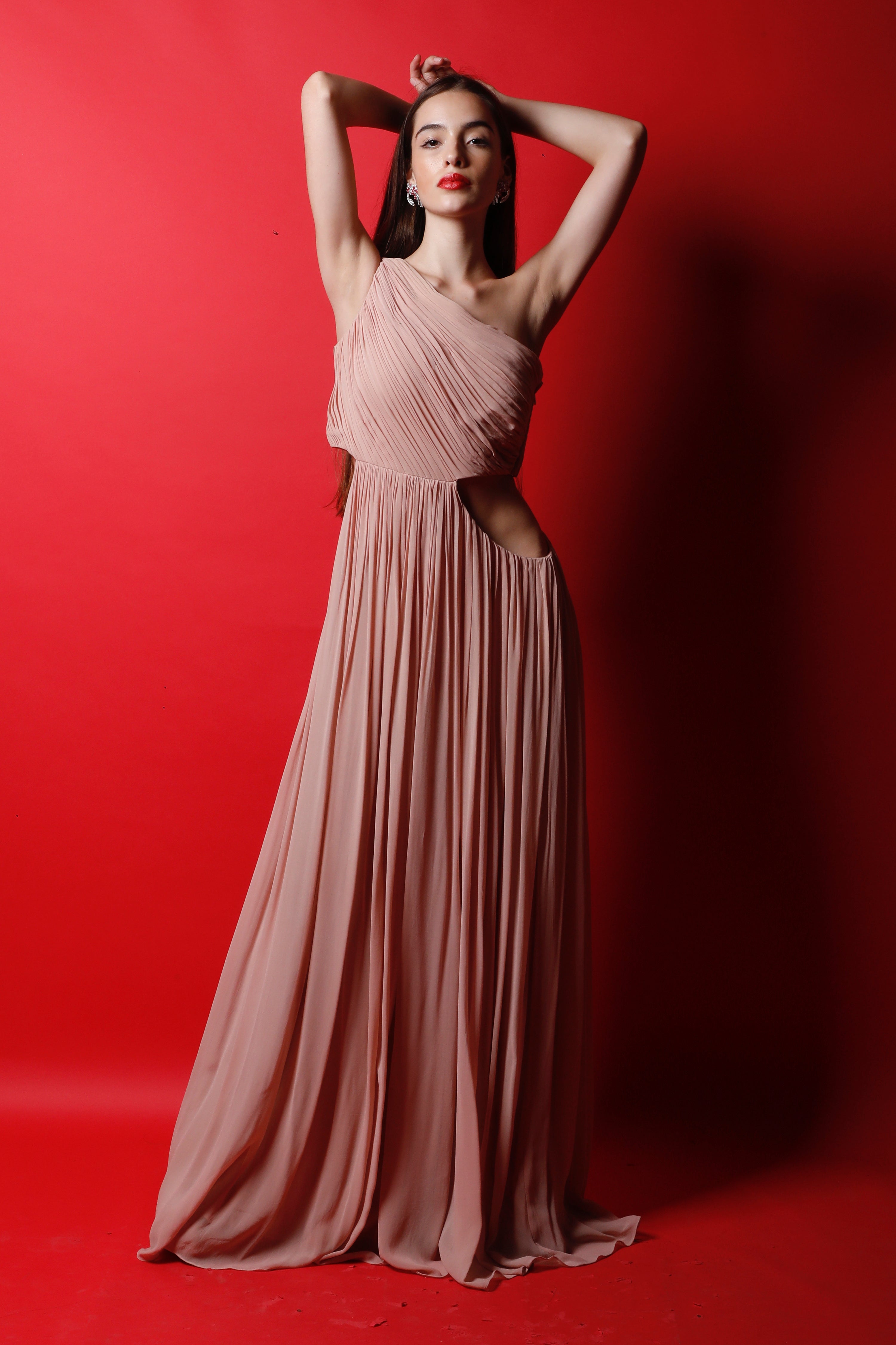 One Shoulder Ruched Gown with Side Cut Outs