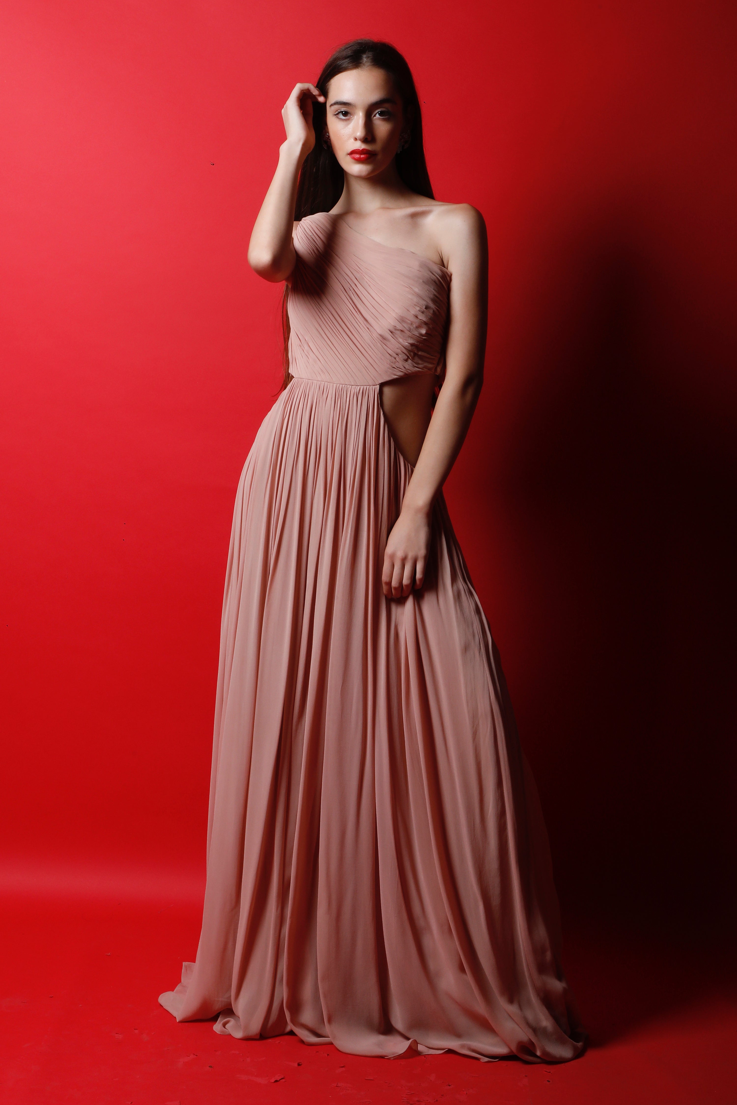 One Shoulder Ruched Gown with Side Cut Outs