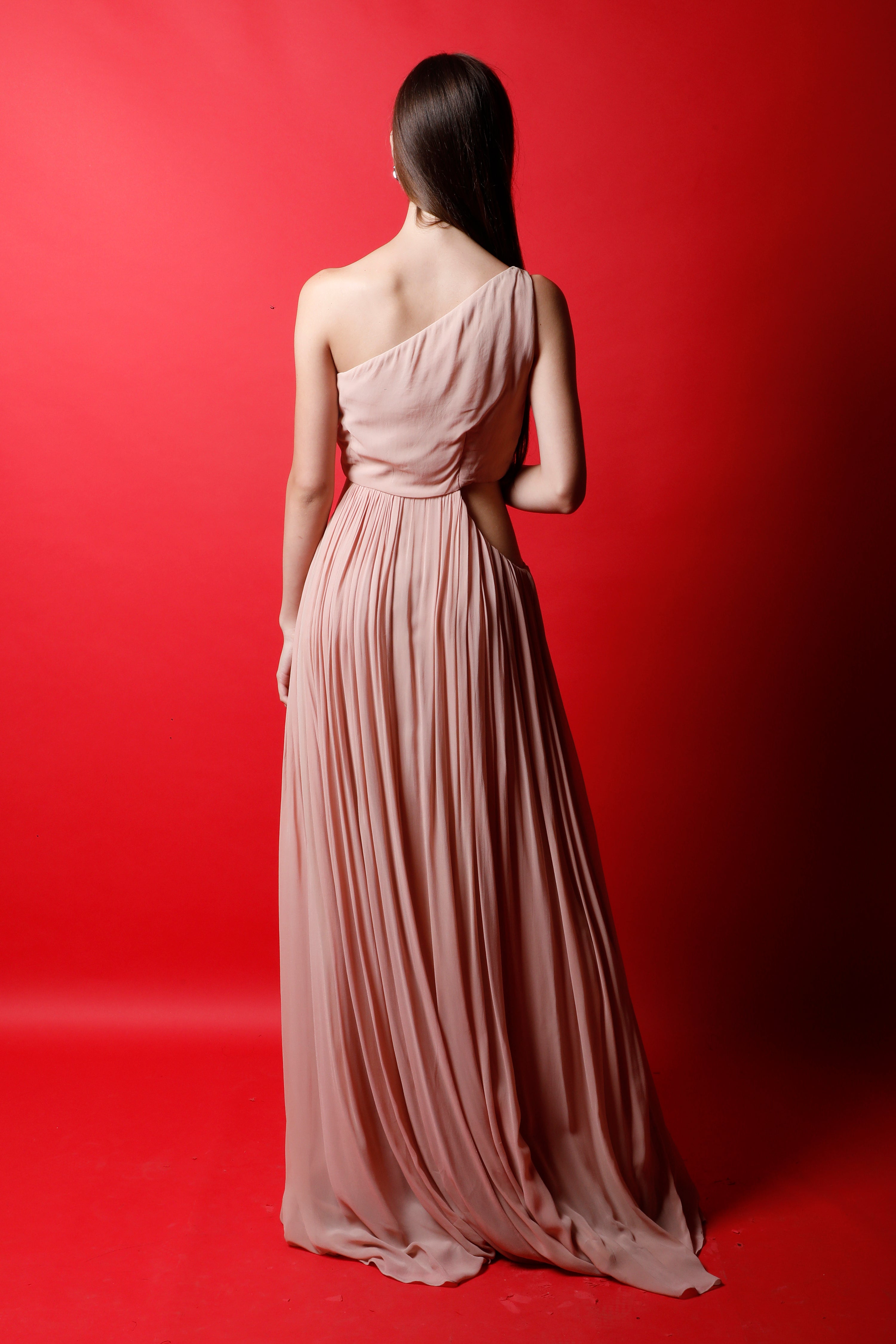 One Shoulder Ruched Gown with Side Cut Outs