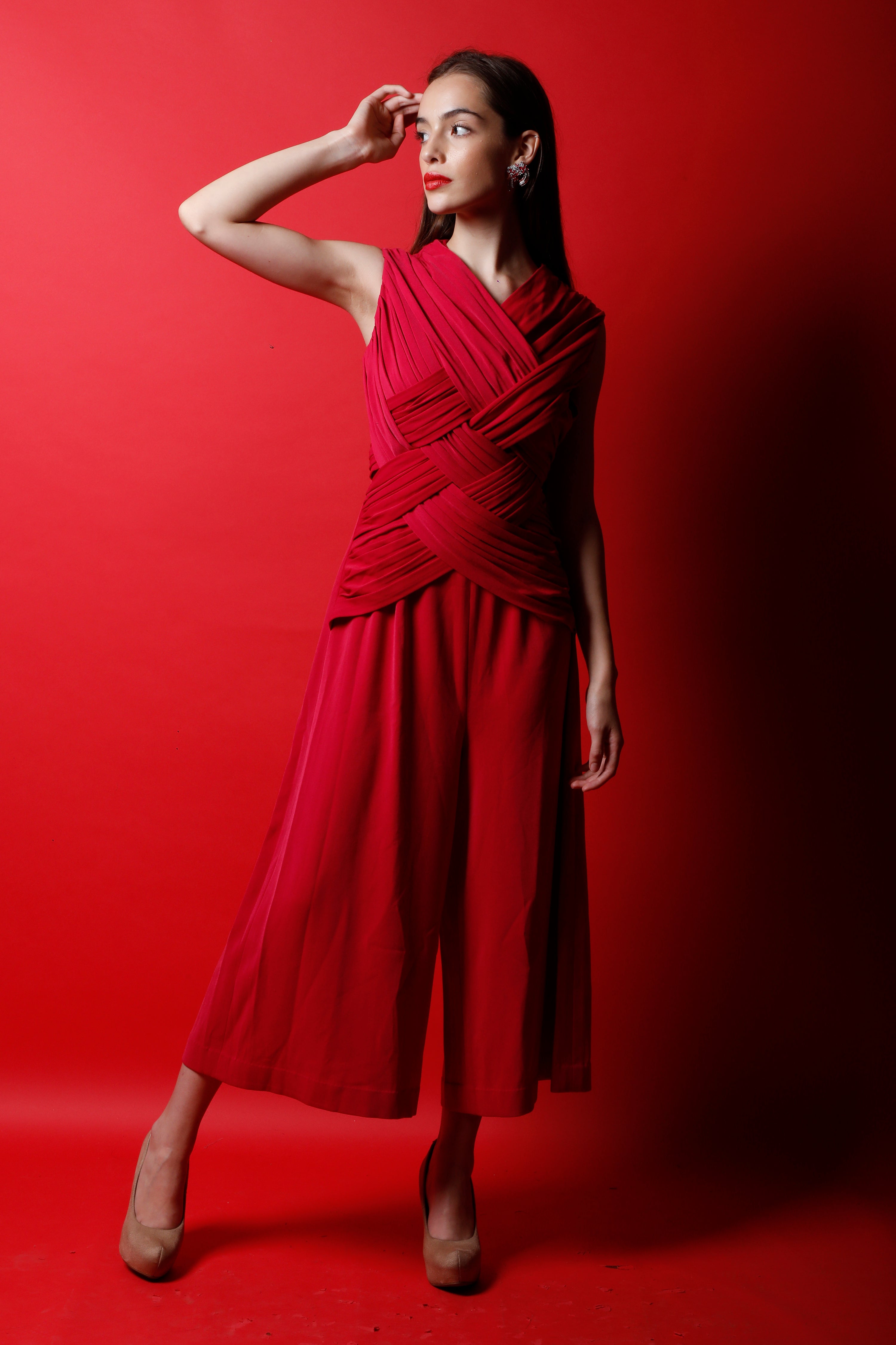 Fuchsia Criss Cross Pleated Jumpsuit