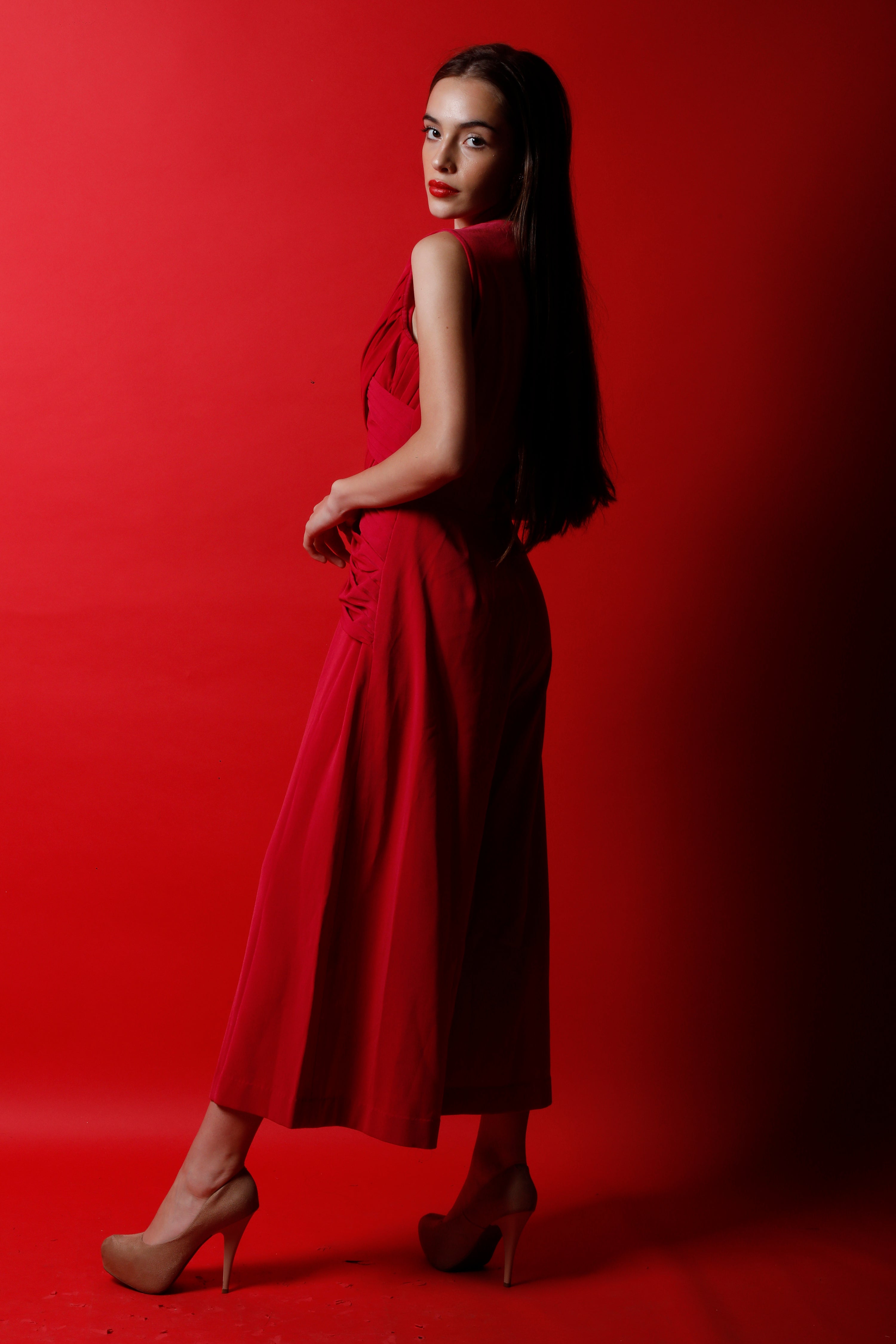 Fuchsia Criss Cross Pleated Jumpsuit