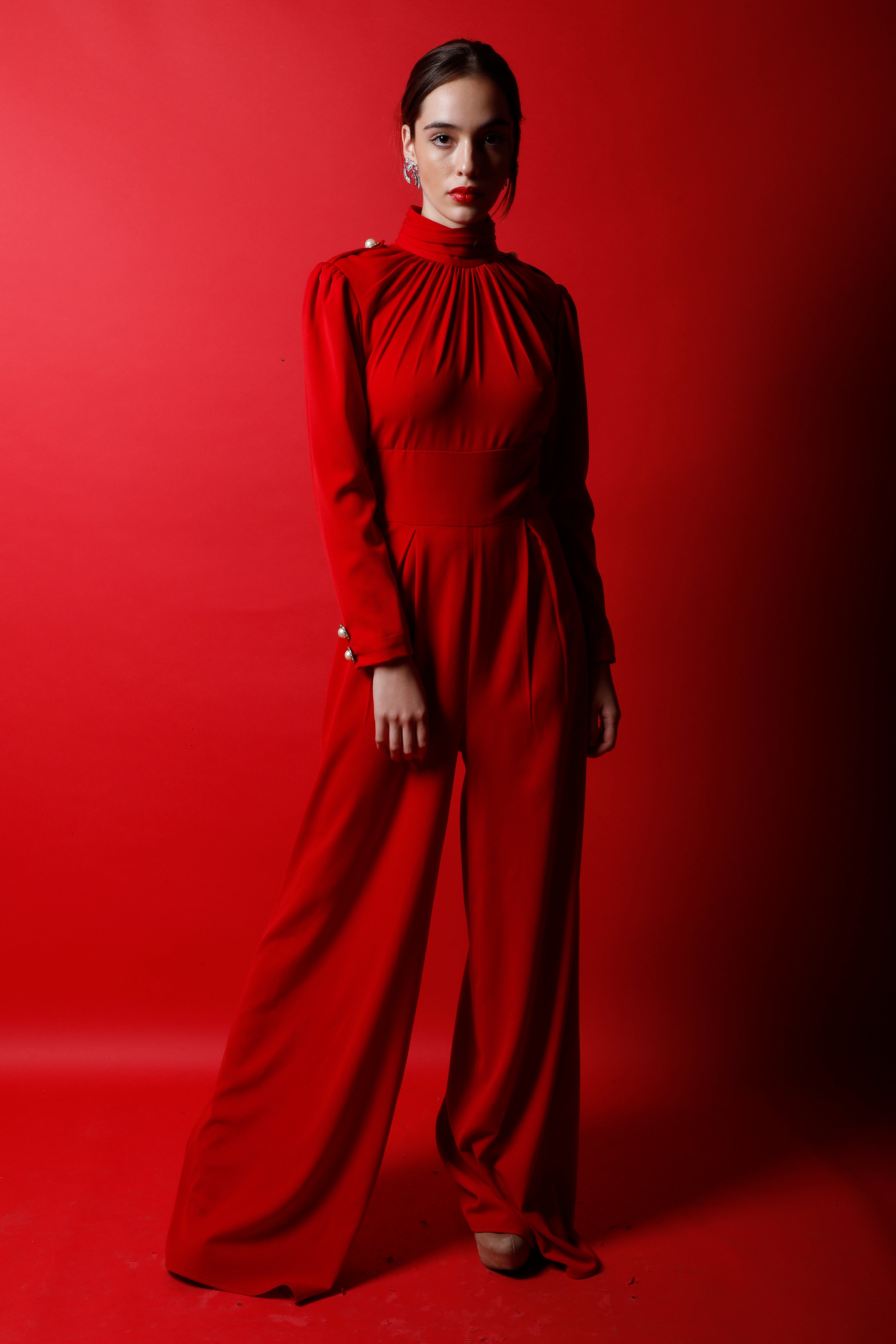 Band Collar Jumpsuit with Pearl Buttons