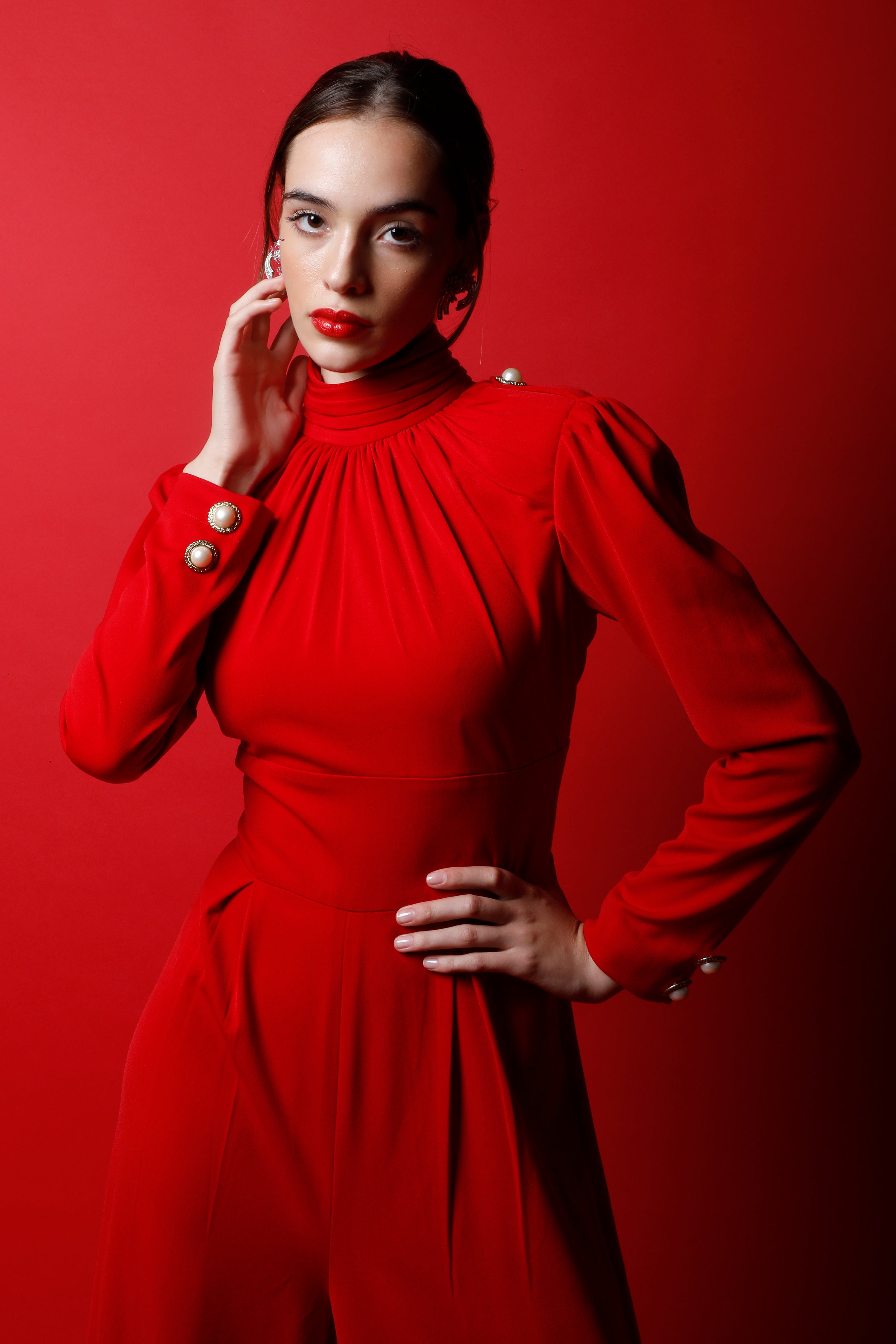 Band Collar Jumpsuit with Pearl Buttons