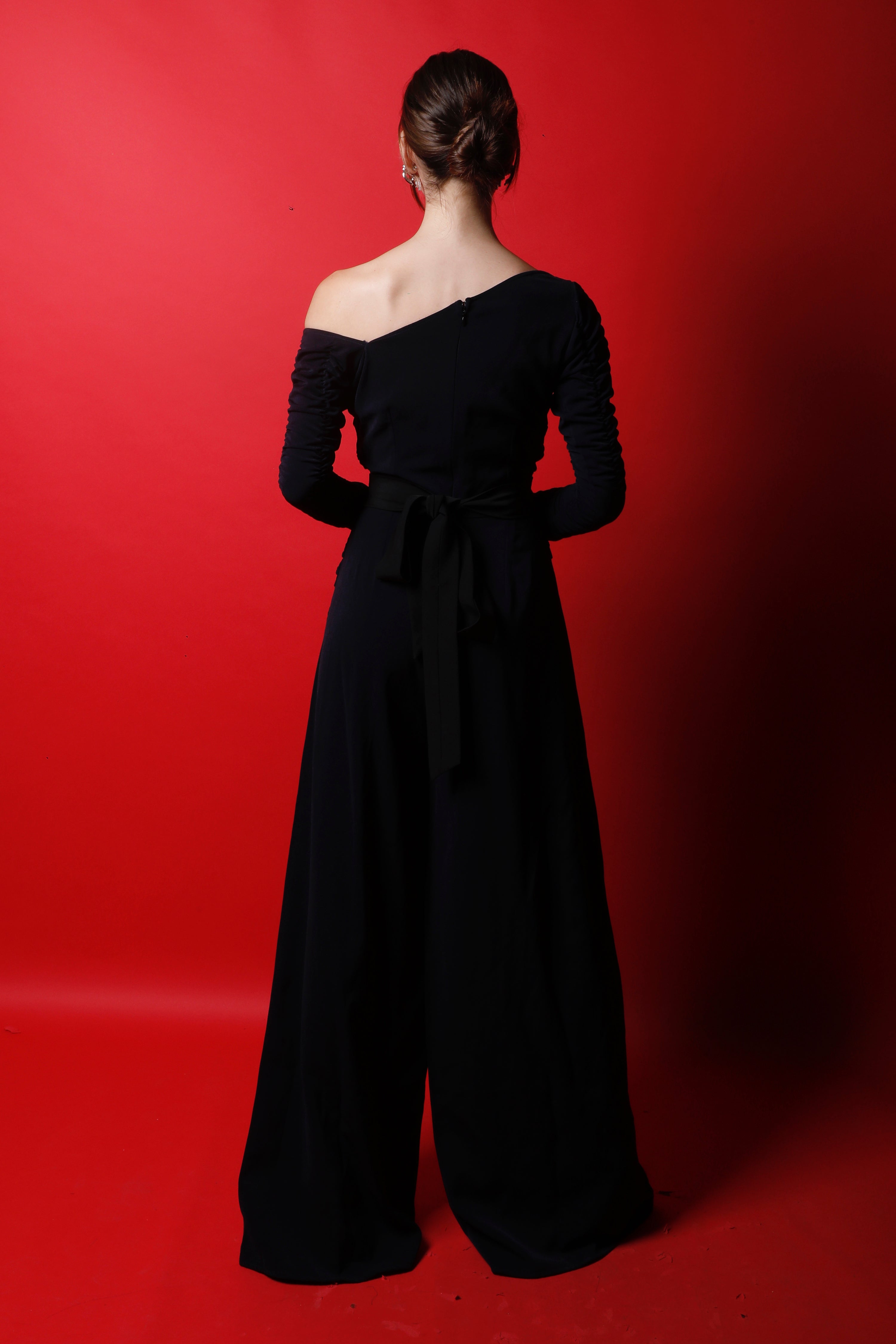Off Shoulder Ruched Jumpsuit with Textured Sleeves