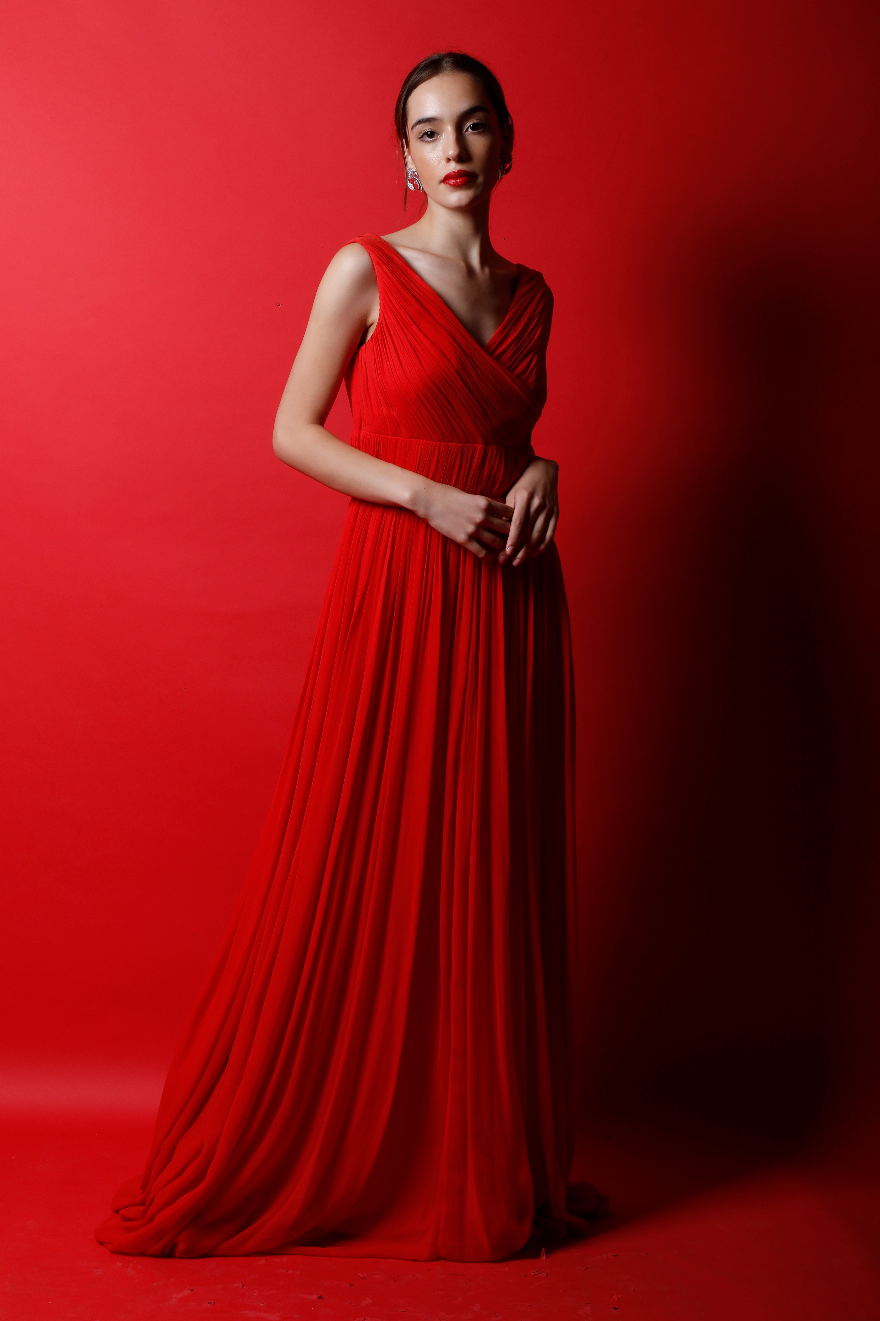Overlapping Neck Ruched Maxi Gown