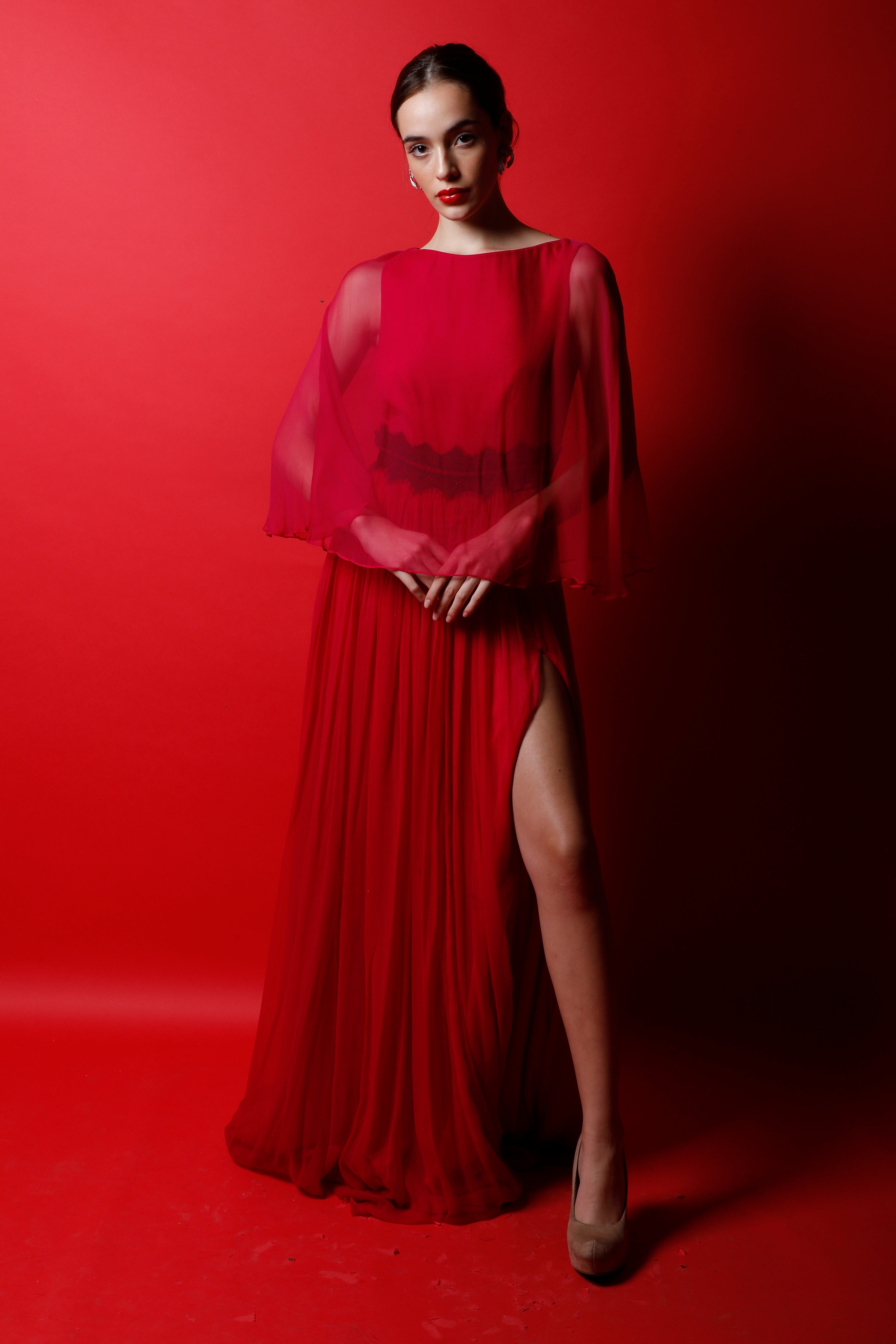 Maxi Gown with Cape & Applique Lace Band