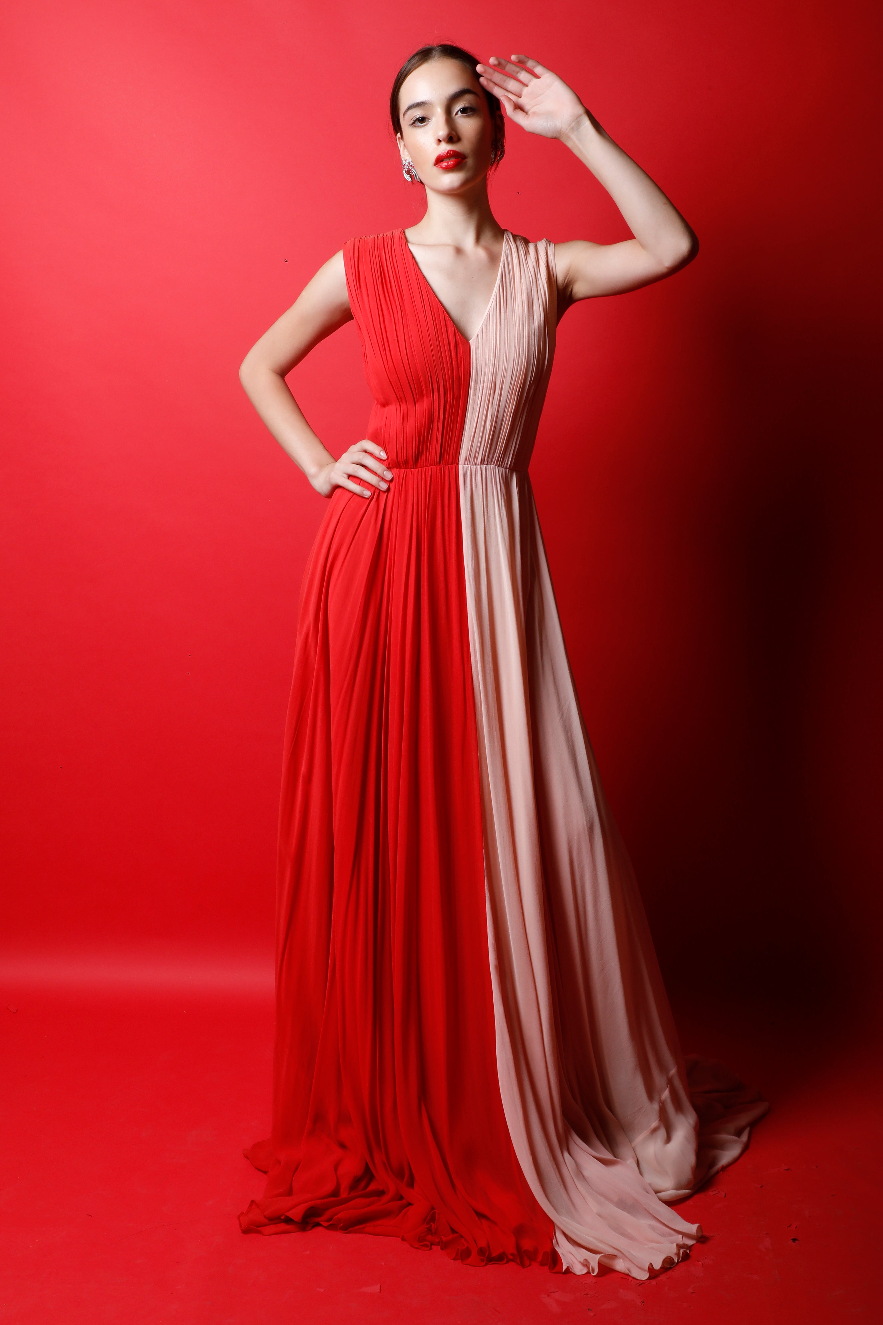 V Neck Ruched Color Block Gown