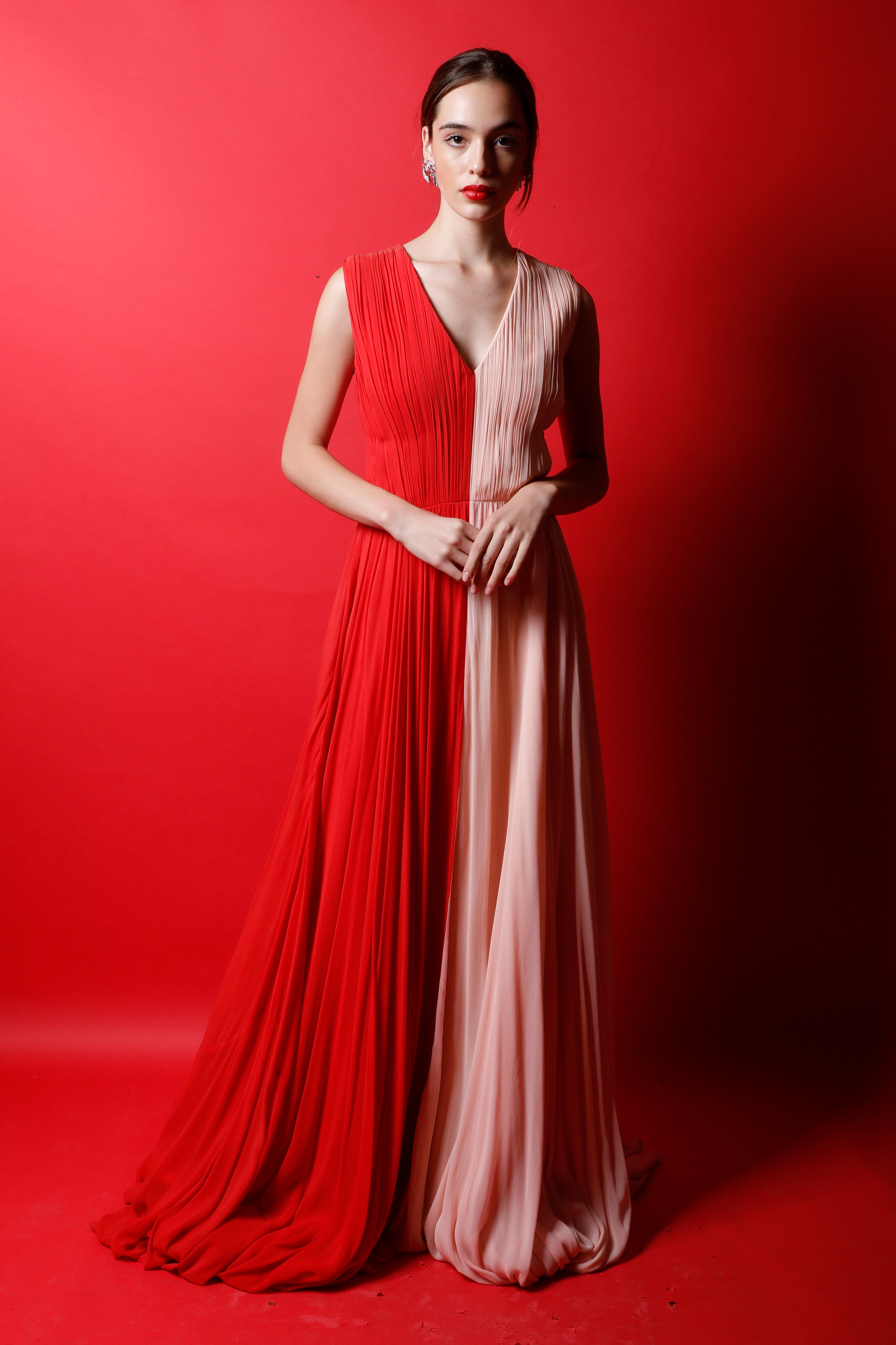 V Neck Ruched Color Block Gown